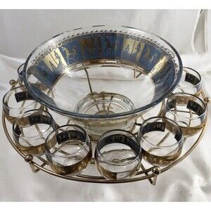 Rare Mid Century Colony Punch Bowl Set blue & gold 12 glasses & rotating Stand